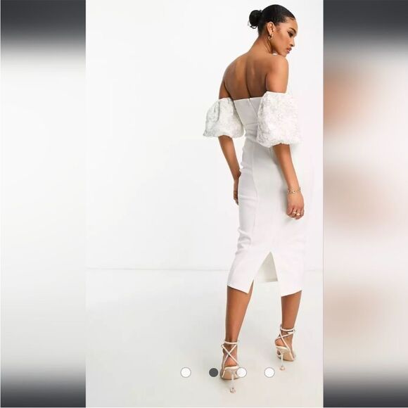 ASOS design Tall Bardot Puff Sleeves White Off-Shoulder Dress w/ Sequins 4 NWT - Picture 2 of 8